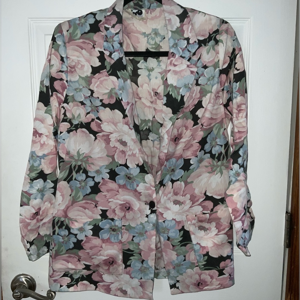 Kayo Vintage Maximalist Floral Blazer with Pink and Blue Accents Medium